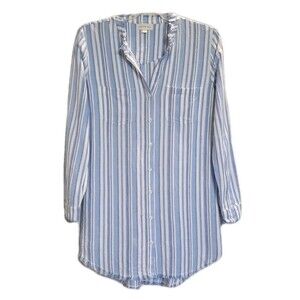 Anthropologie Blue White Cloth Stone Shirt Dress Raw Frayed Hem Linen Striped M
